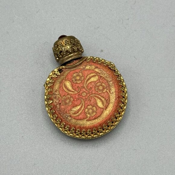 Vtg Mini Filigree Pink Ornate Perfume Glass Bottle with Brass Cap Glass Dipstick - Picture 3 of 6